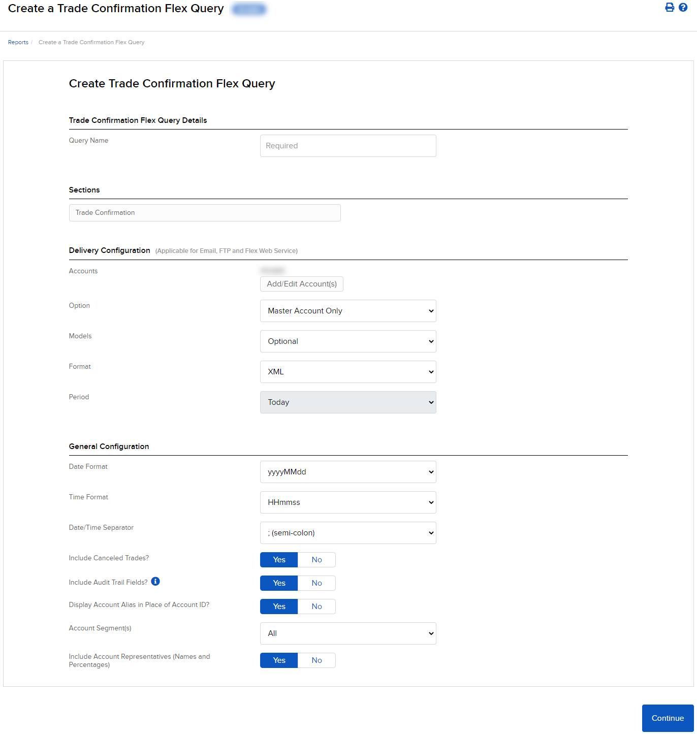The create a trade confirmation flex query panel in portal. 